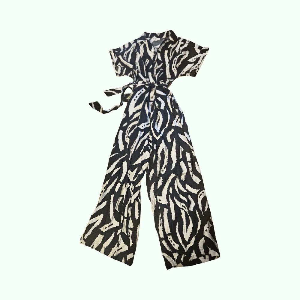 Indigo Rose Womens Zebra Abstract Print Button Front Wide Leg Jumpsuit Large